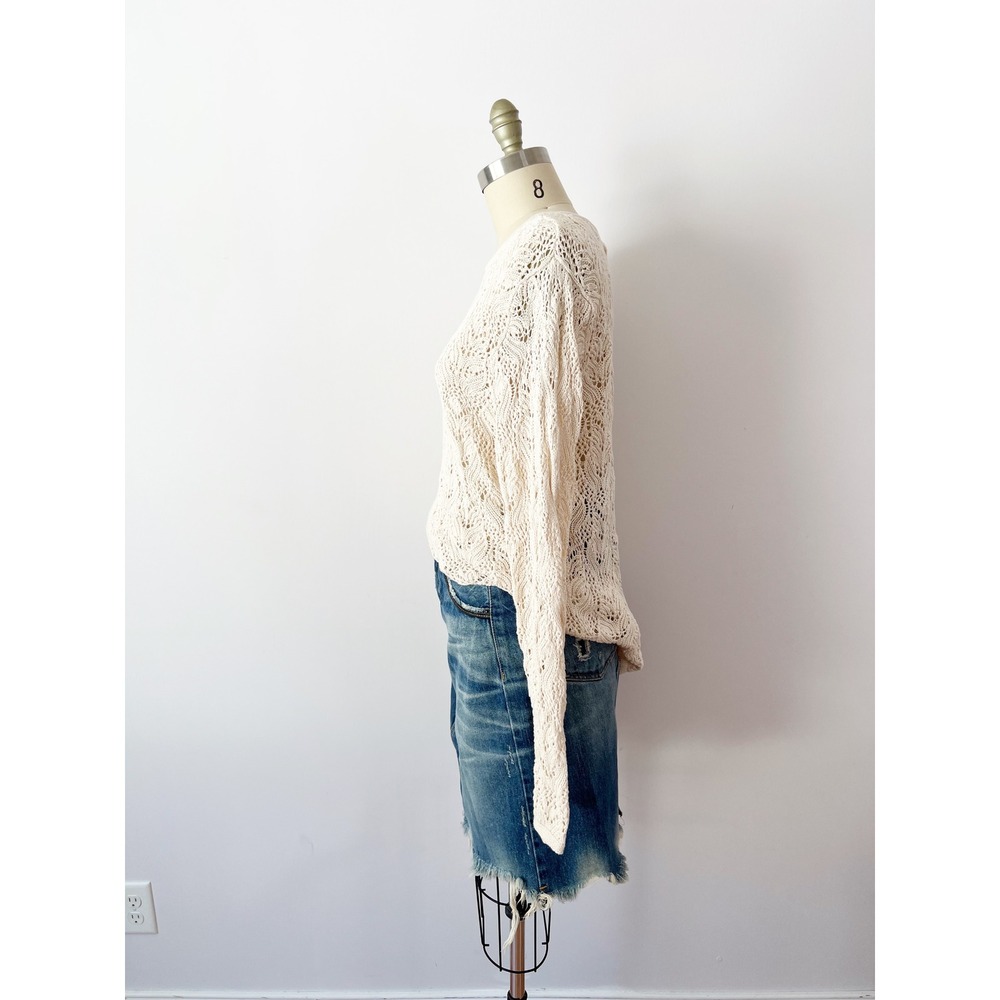 Cream 100% Cotton Sweater Crochet Open Knit Leaf Pattern Long Length Y2K XL - Picture 4 of 8